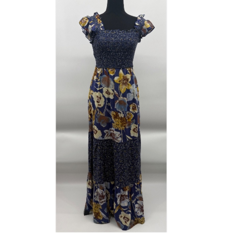 Maurices Dress Women Small Blue Floral Sleeveless Maxi Cottage Patchwork Tiered